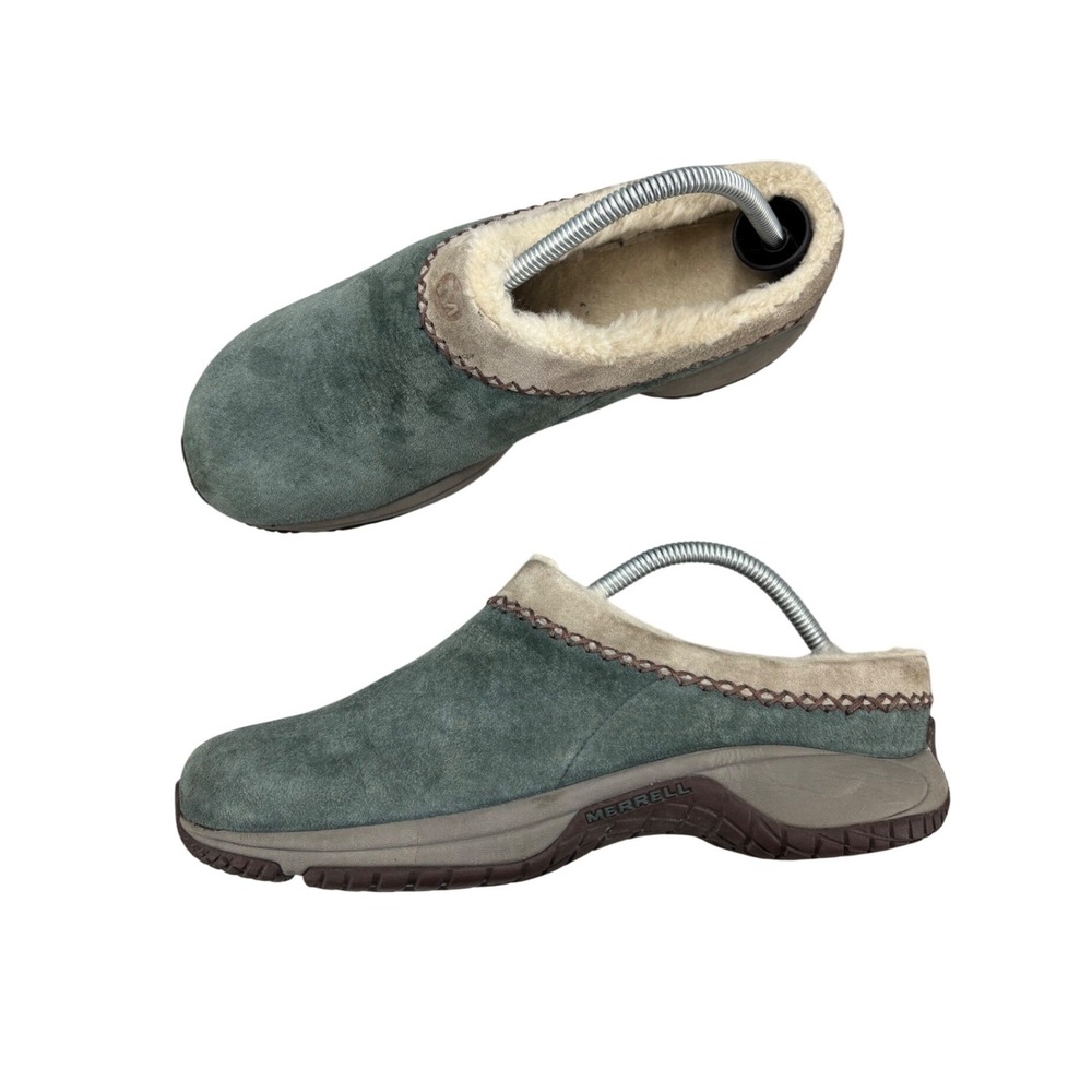 Merrell Encore Chill Stitch Clogs Smoke Grey Suede Faux Fur Mules Women's 10